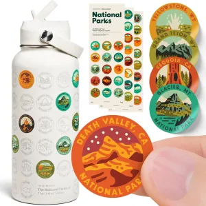 National Parks Water Bottle with Stickers Kit, Erikas Chesonis Collaboration, Adventure Flask with Straw, Waterproof Stickers for Water Bottle, Insulated Stainless Steel 32oz (Tan)