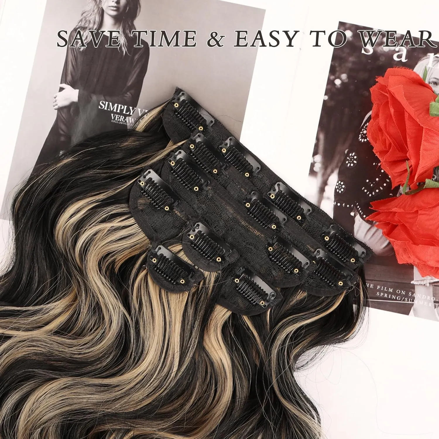 NAYOO Clip in Hair Extensions for Women 20 Inch Long Wavy Curly Black Mix Blonde Hairpieces Full Head Synthetic Hairpieces (6PCS, Black Mix Blonde)
