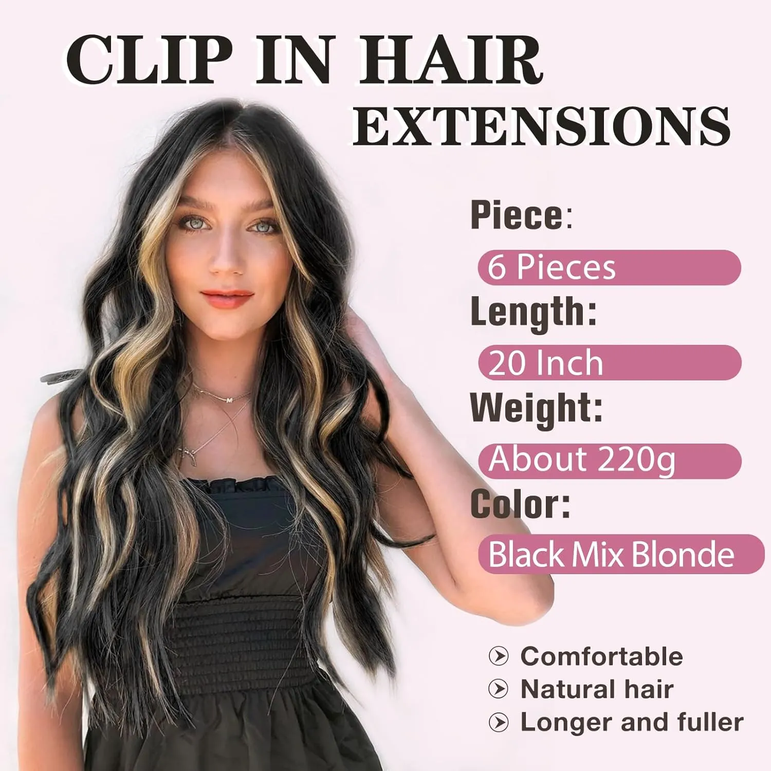NAYOO Clip in Hair Extensions for Women 20 Inch Long Wavy Curly Black Mix Blonde Hairpieces Full Head Synthetic Hairpieces (6PCS, Black Mix Blonde)