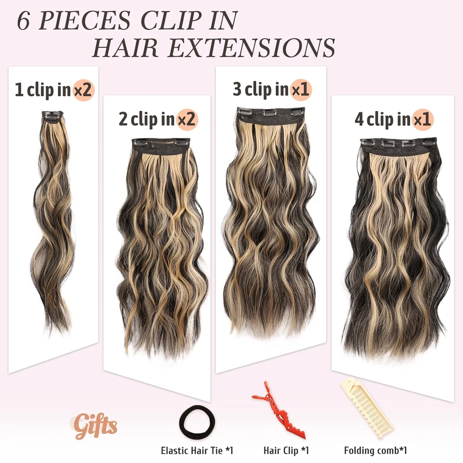 NAYOO Clip in Hair Extensions for Women 20 Inch Long Wavy Curly Black Mix Blonde Hairpieces Full Head Synthetic Hairpieces (6PCS, Black Mix Blonde)