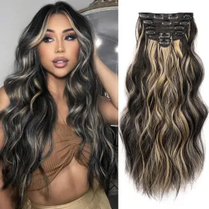 NAYOO Clip in Hair Extensions for Women 20 Inch Long Wavy Curly Black Mix Blonde Hairpieces Full Head Synthetic Hairpieces (6PCS, Black Mix Blonde)