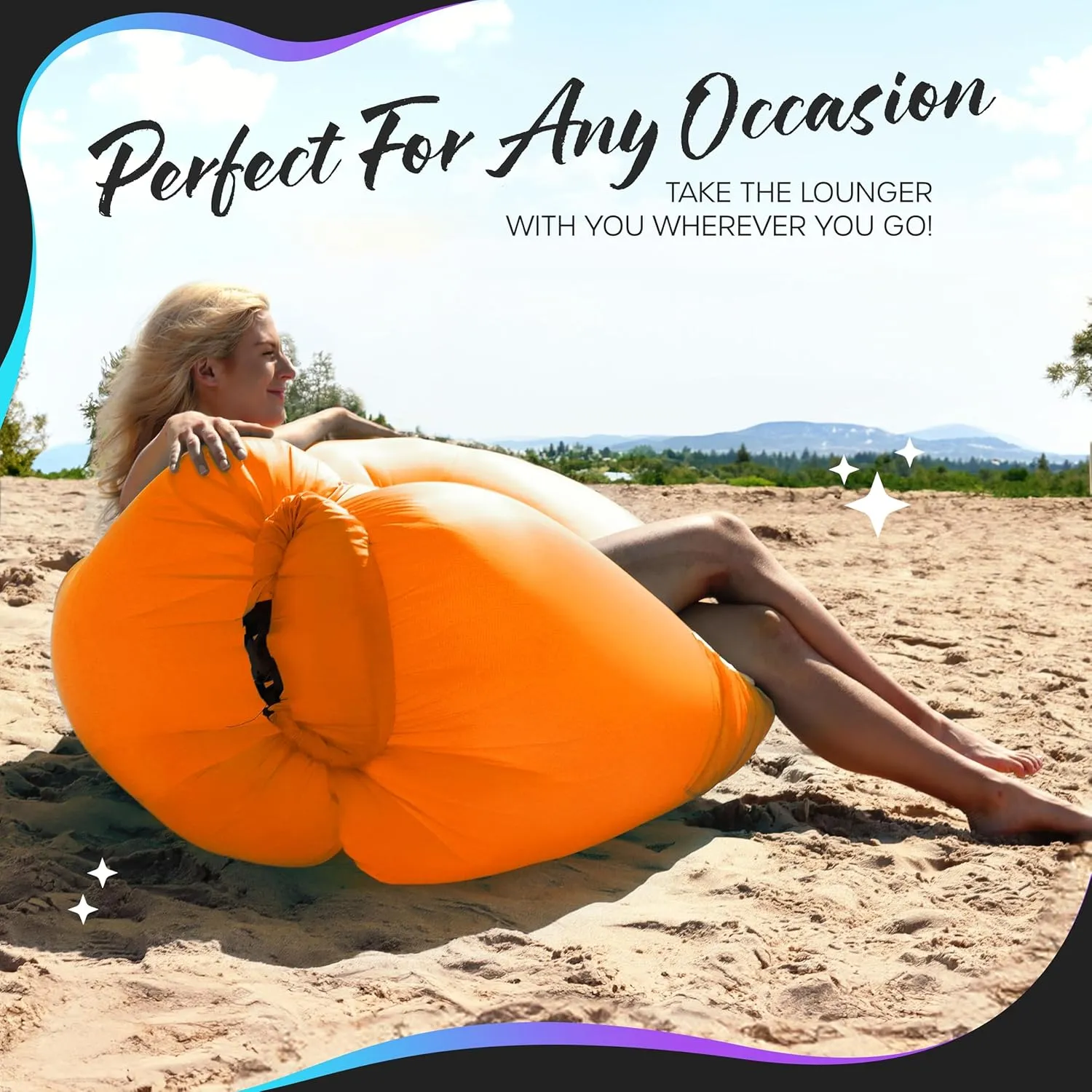 Nevlers Orange Inflatable Lounger | 210T Polyester Air Couch | No-Pump Blow Up Couch | Air Sofa w/ 450 lbs. Capacity, Pockets & Matching Bag | Use as Inflatable Chair for Kids & Adults for Camping Fun