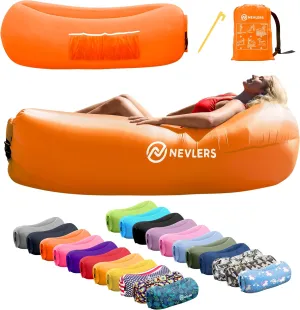 Nevlers Orange Inflatable Lounger | 210T Polyester Air Couch | No-Pump Blow Up Couch | Air Sofa w/ 450 lbs. Capacity, Pockets & Matching Bag | Use as Inflatable Chair for Kids & Adults for Camping Fun