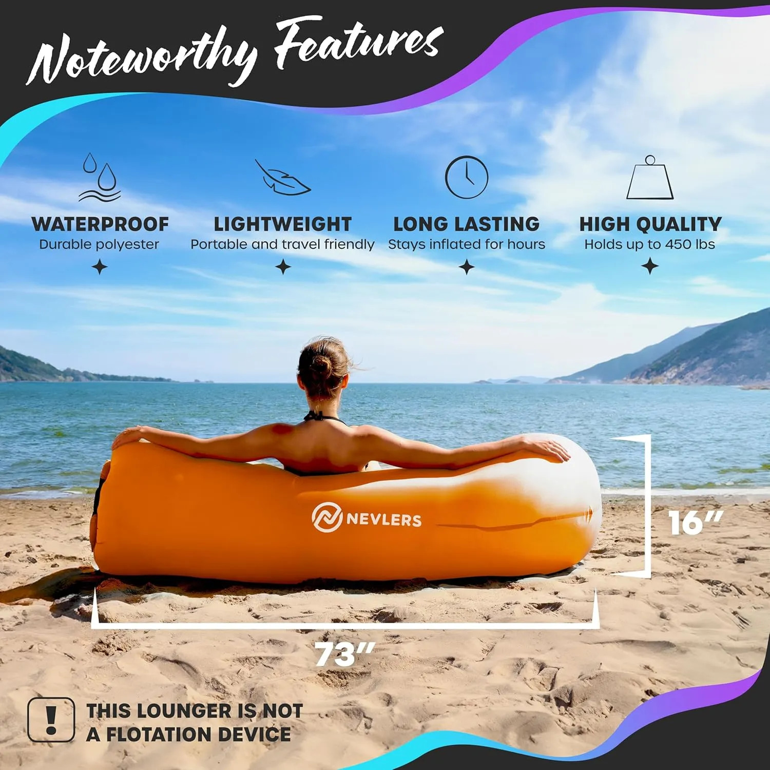 Nevlers Orange Inflatable Lounger | 210T Polyester Air Couch | No-Pump Blow Up Couch | Air Sofa w/ 450 lbs. Capacity, Pockets & Matching Bag | Use as Inflatable Chair for Kids & Adults for Camping Fun