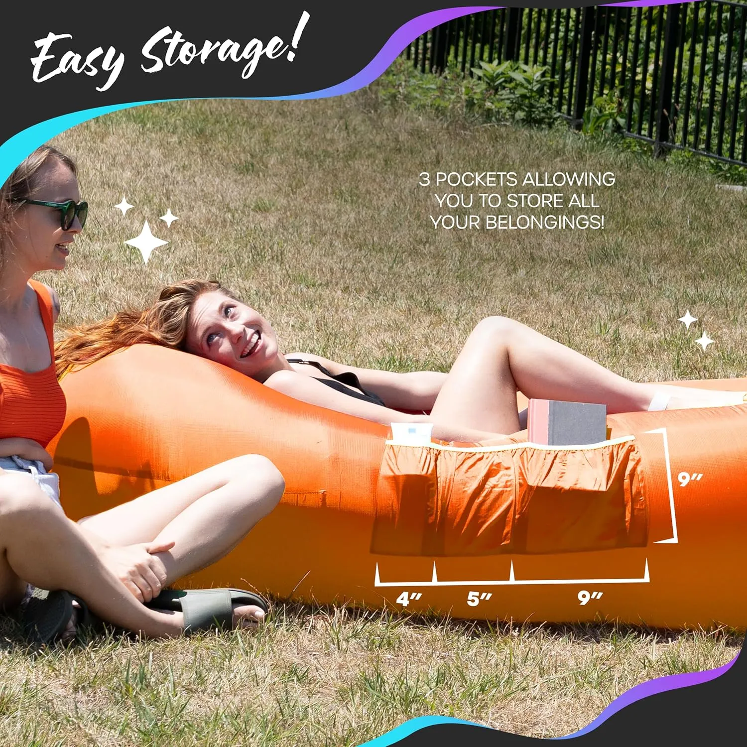 Nevlers Orange Inflatable Lounger | 210T Polyester Air Couch | No-Pump Blow Up Couch | Air Sofa w/ 450 lbs. Capacity, Pockets & Matching Bag | Use as Inflatable Chair for Kids & Adults for Camping Fun