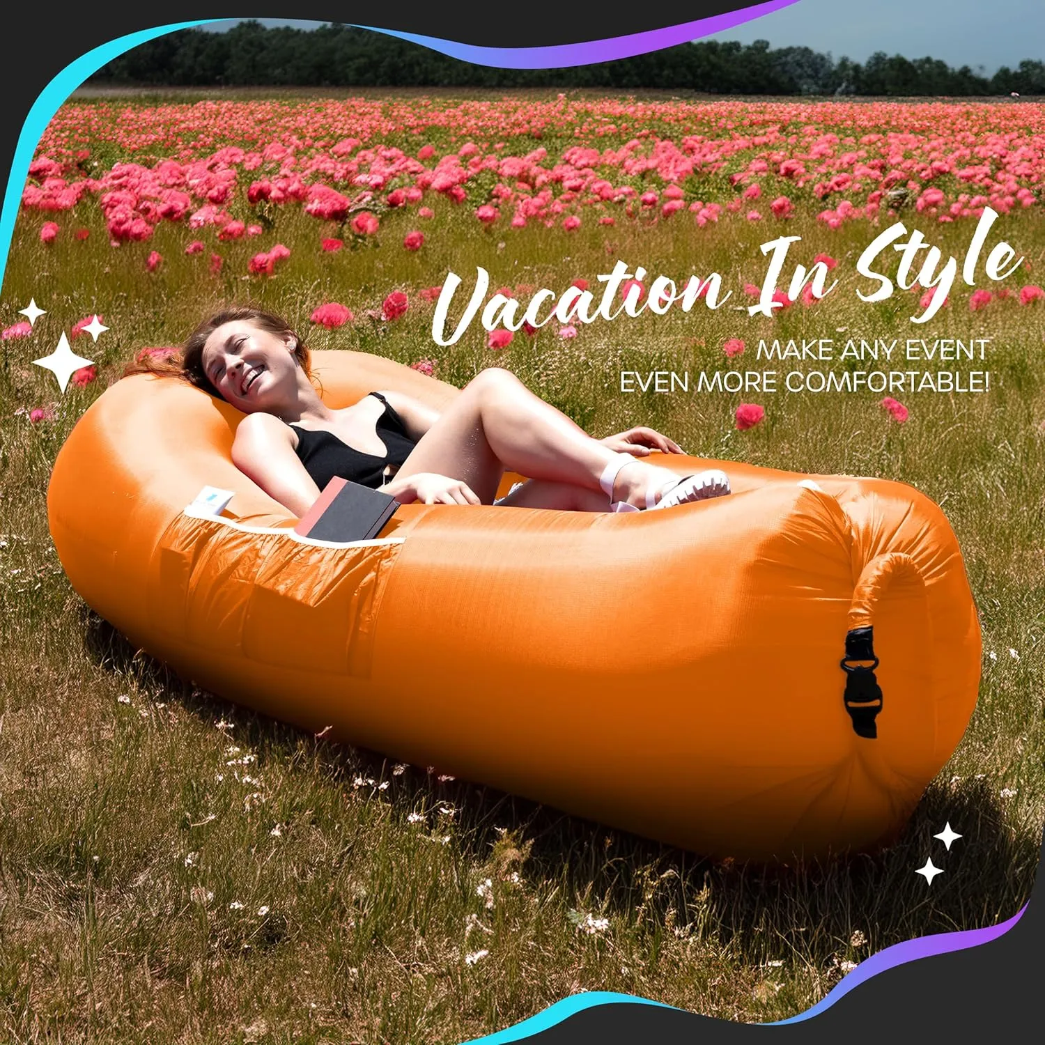 Nevlers Orange Inflatable Lounger | 210T Polyester Air Couch | No-Pump Blow Up Couch | Air Sofa w/ 450 lbs. Capacity, Pockets & Matching Bag | Use as Inflatable Chair for Kids & Adults for Camping Fun