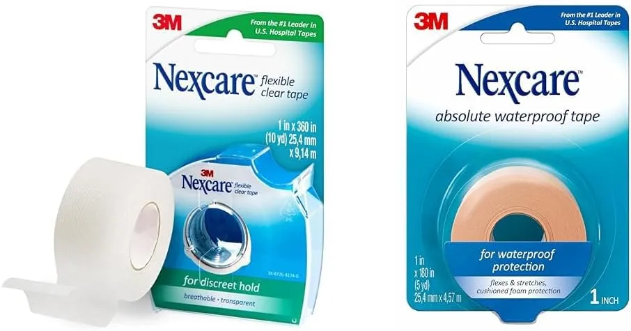 Nexcare Flexible Clear Waterproof Medical Tape, 1 Roll x 10 Yards & Absolute Waterproof Foam Medical Tape, 1 Roll x 5 Yards