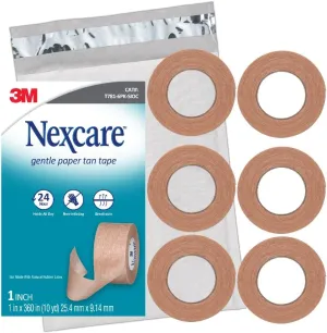 Nexcare Gentle Paper Tan Skin Tape, 1 in x 10 yd, Non-Irritating, Discreet Look, Great for Frequent Gauze Changes, Gentle on Sensitive Skin, Dermatologist-Tested, Hypoallergenic Tape, 6 Rolls