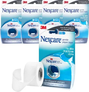 Nexcare Gentle Paper Tape with Dispenser, 1 in x 10 yd, Hypoallergenic First Aid Tape for Sensitive Skin, Latex-Free, 5-Pack (5 Dispensers)