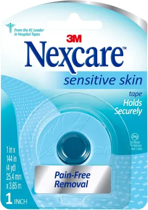 Nexcare Sensitive Skin Low Trauma Tape, 1 in x 4 yd, Pain-Free Removal, Hypoallergenic, 12 Rolls