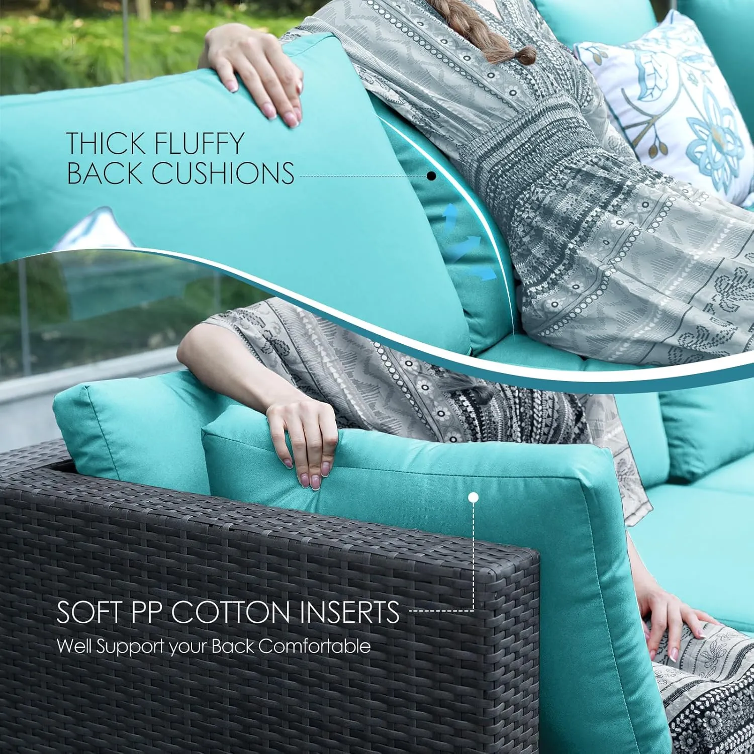 NICESOUL 7 Piece XL Large Modern Outdoor Furniture Sofa Set, 29.3'' High Back Wicker Patio Modular Sectional with Tables, All-Weather Deep Conversations for Backyard, 2 Color Cushion Turquoise & Gray