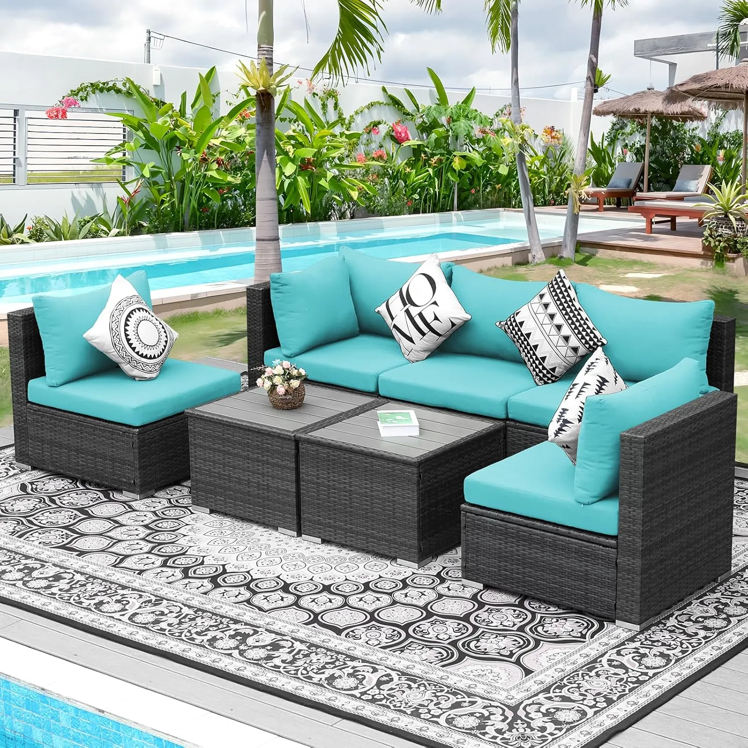NICESOUL 7 Piece XL Large Modern Outdoor Furniture Sofa Set, 29.3'' High Back Wicker Patio Modular Sectional with Tables, All-Weather Deep Conversations for Backyard, 2 Color Cushion Turquoise & Gray