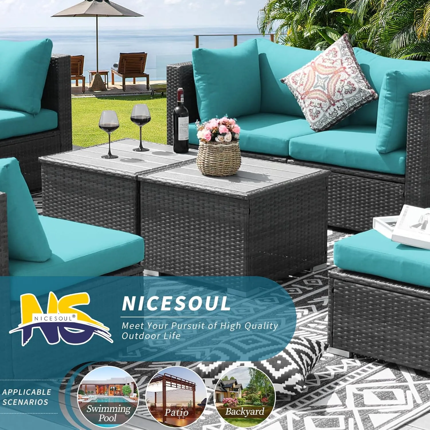 NICESOUL 7 Piece XL Large Modern Outdoor Furniture Sofa Set, 29.3'' High Back Wicker Patio Modular Sectional with Tables, All-Weather Deep Conversations for Backyard, 2 Color Cushion Turquoise & Gray