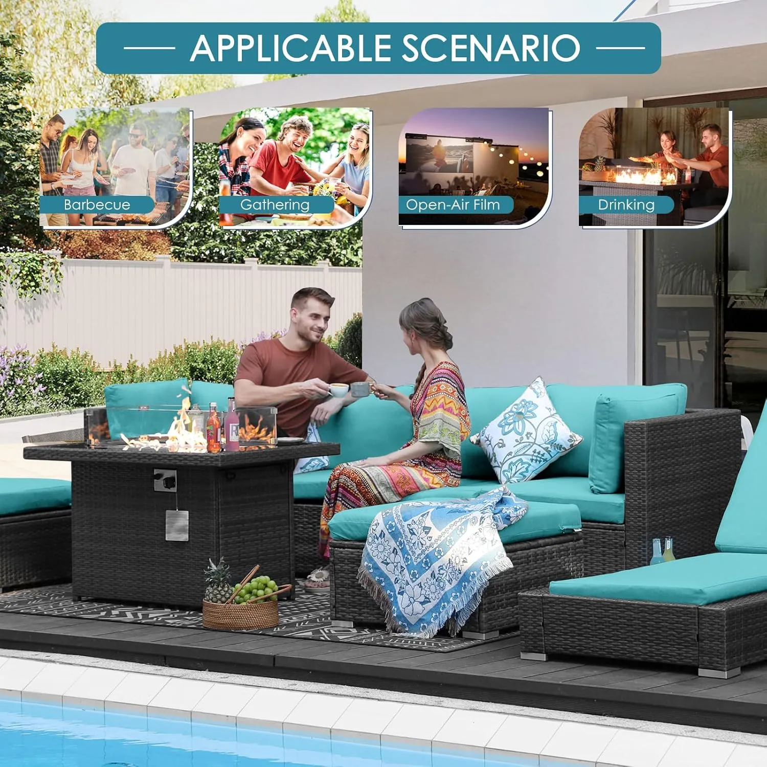 NICESOUL 7 Piece XL Large Modern Outdoor Furniture Sofa Set, 29.3'' High Back Wicker Patio Modular Sectional with Tables, All-Weather Deep Conversations for Backyard, 2 Color Cushion Turquoise & Gray