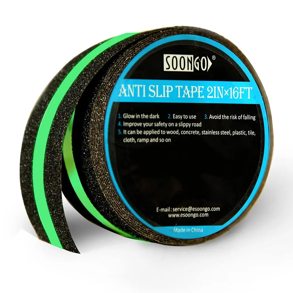 Non Skid Traction Tape Glow in Dark Non-Slip Increase Friction Safety Fluorescent Anti Slip Grip Floor Stair Tread Step Anti-Slip Skid Tool Black 2”Wide and 16’Long Roll by SOONGO