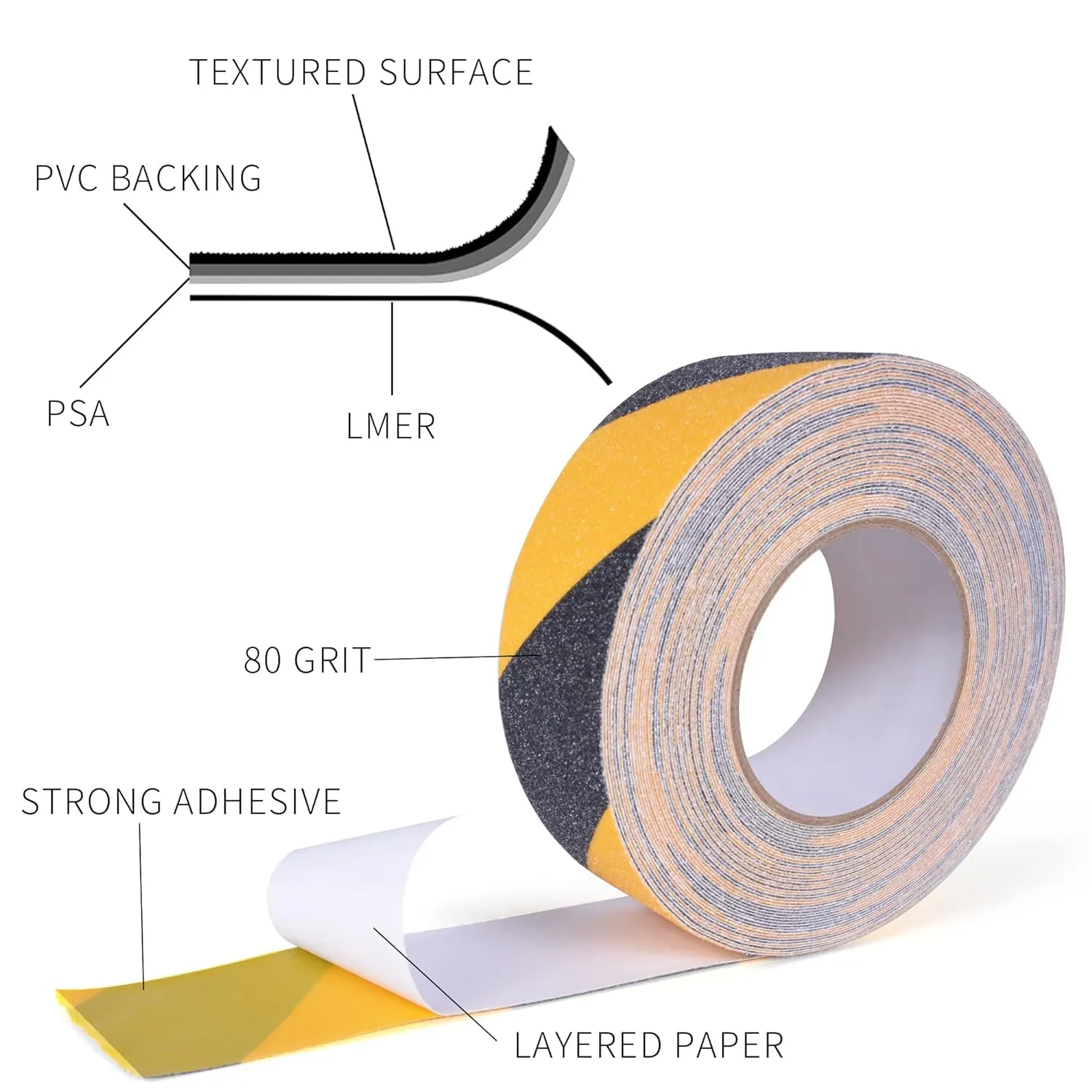 Non Slip Hazard Tape, Black and Yellow Safety Tape, Anti Slip Caution Tape Roll, Nonslip Warning Floor Tape for Indoor Outdoor Steps Stairs, Strong Grip Tape, 2inch X 60feet, 5 Rolls
