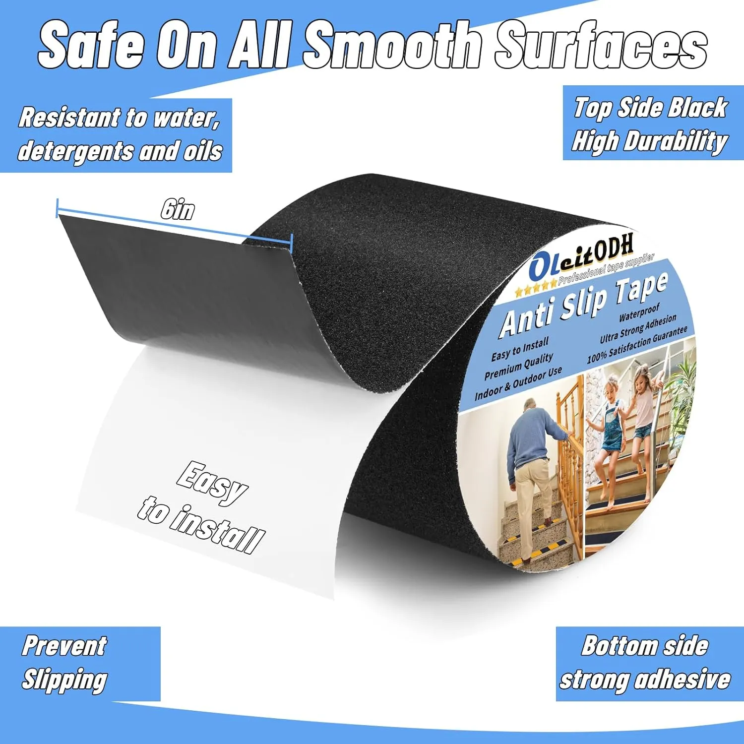 Non Slip Safety Grip Tape for Stairs Steps 6 in x 60Ft Non Skid Tread High Traction Friction, Black Strong Grip Abrasive Adhesive Hazard Caution Tape