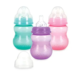 Nuby Wide Neck Non-Drip Bottle - Baby Bottles with Anti-Colic Vari-Flo Valve - (3-Pack) 8 Oz - 0  Months - Aqua, Pink, Purple