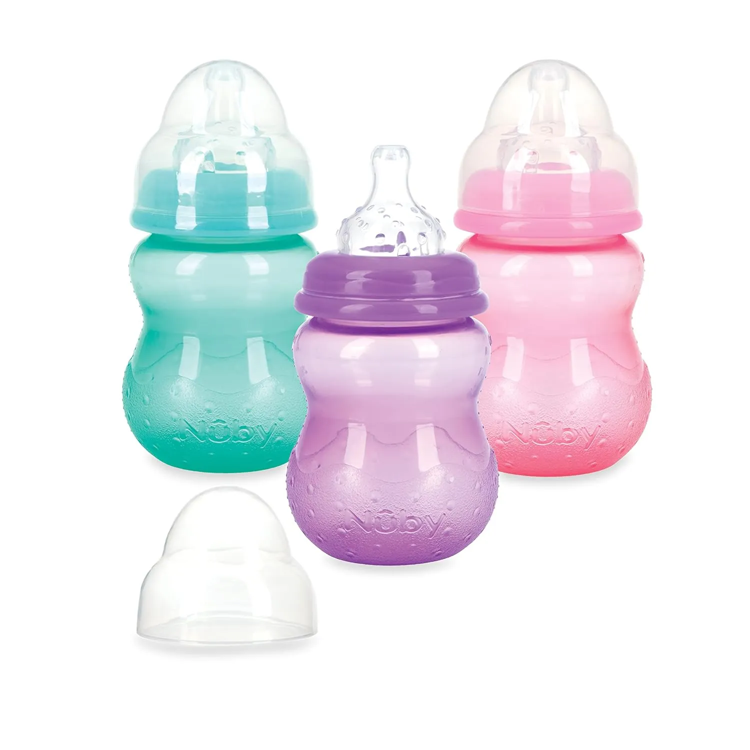 Nuby Wide Neck Non-Drip Bottle - Baby Bottles with Anti-Colic Vari-Flo Valve - (3-Pack) 8 Oz - 0  Months - Aqua, Pink, Purple