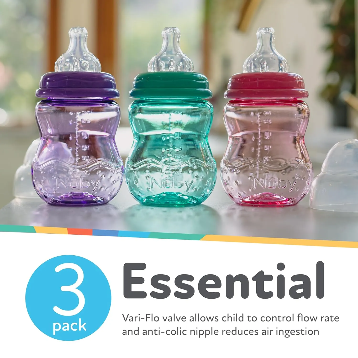 Nuby Wide Neck Non-Drip Bottle - Baby Bottles with Anti-Colic Vari-Flo Valve - (3-Pack) 8 Oz - 0  Months - Aqua, Pink, Purple