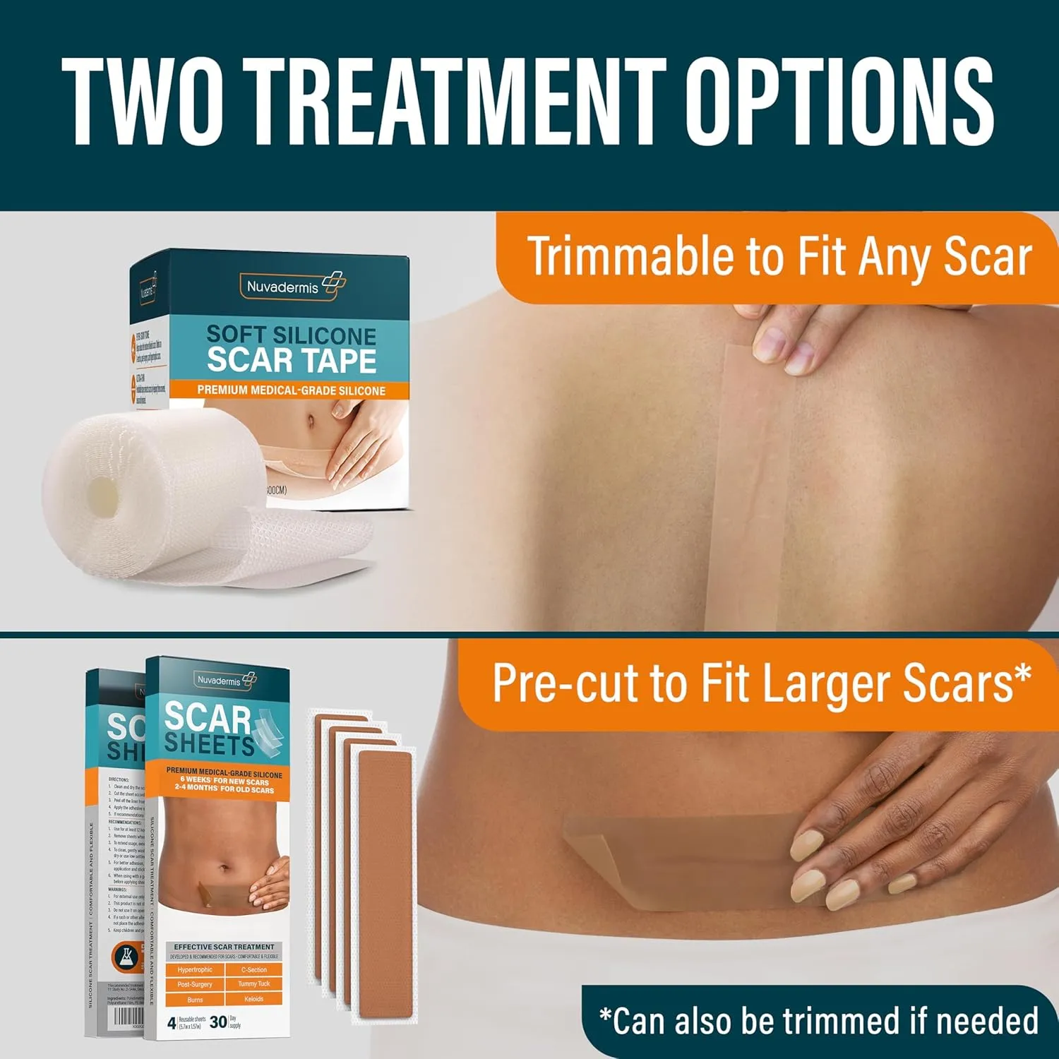 NUVADERMIS Silicone Scar Tape for Surgical Scars - 120" x 1.5" Roll - Extra Long Medical Grade Silicone Scar Tape for C-Section, Tummy Tuck, Keloid, and Surgical Scars - Reusable Tape Strips - 1 Pack