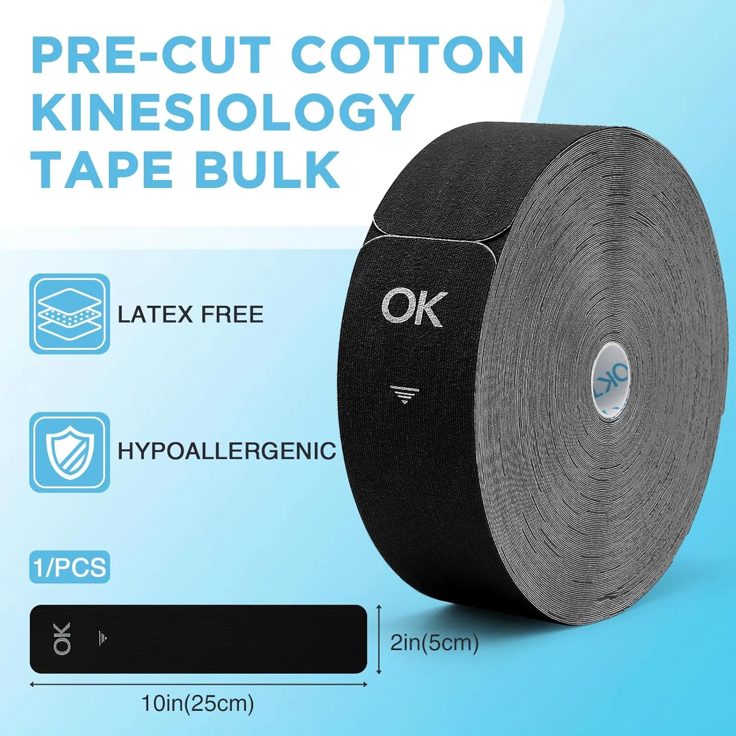 OK TAPE Kinesiology Tape Pre Cut Strips Bulk (100 PCS),Elastic Cotton Latex Free Hypoallergenic Athletic Tape Roll for Muscle Joint Knee,Waterproof k Tape 2in×10in/PCS