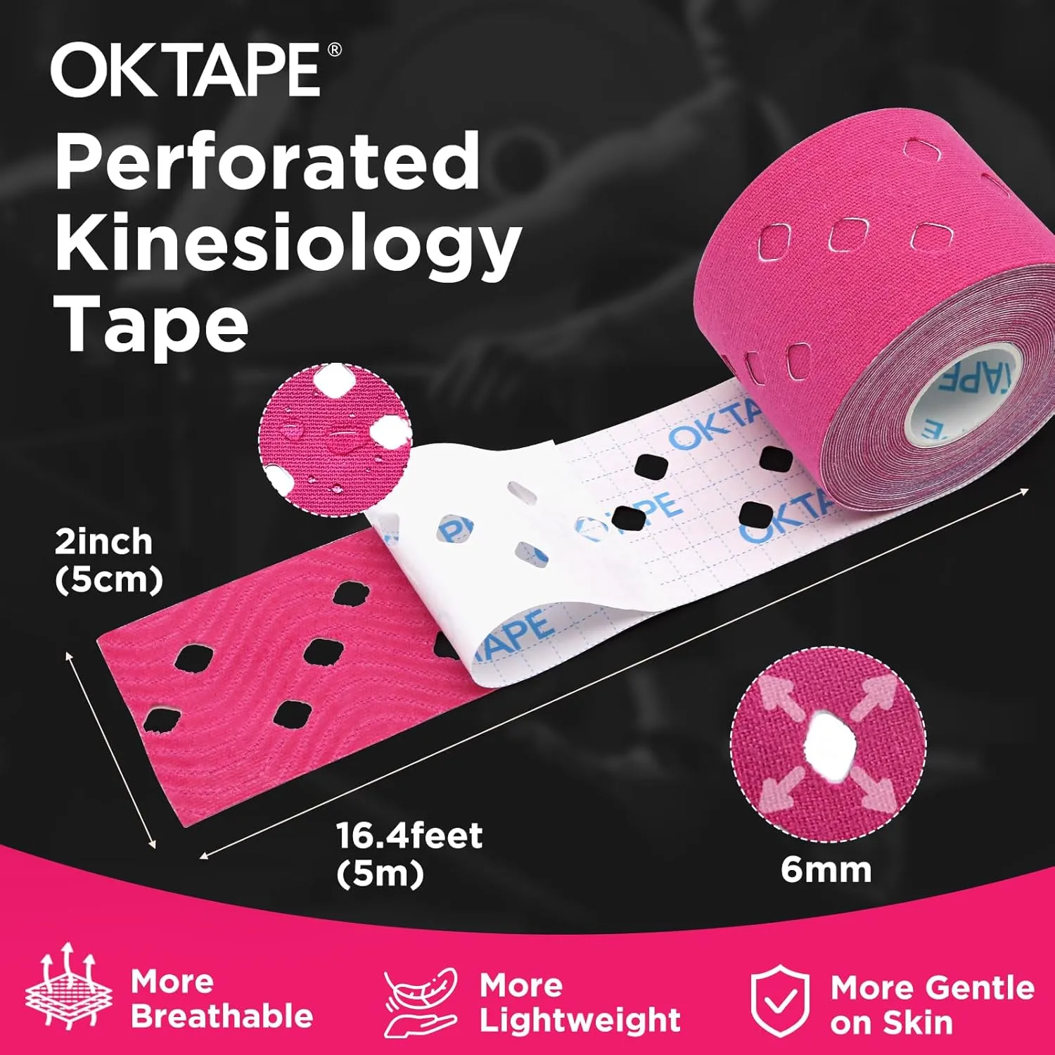 OK TAPE Perforated Kinesiology Tape for Sensitive Skin, More Breathable, Elastic Athletic Tape for Pain Relief & Muscle Support, Uncut 2 Rolls - 2in x 16.4ft (Pink)