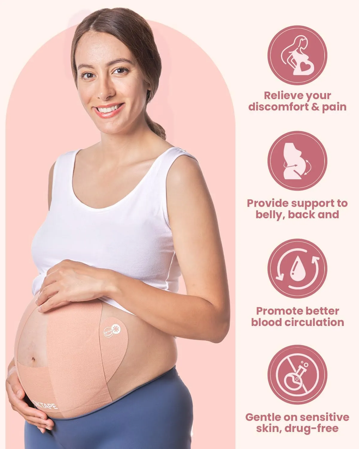 OK TAPE Pregnancy Belly Band Tape, for Belly Pain, Back Pain Relief, Swelling Relief, Non-Irritant Physical Belly Support Tape for Pregnant Women, Precut 12 Strips, 4 Sets - Weeks 13 to 26