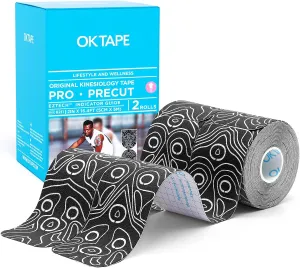OK TAPE PRO Original Kinesiology Tape Pre-Cut Strips, Latex Free Elastic Athletic Tape Roll, 2in×16ft 2Rolls,Black White