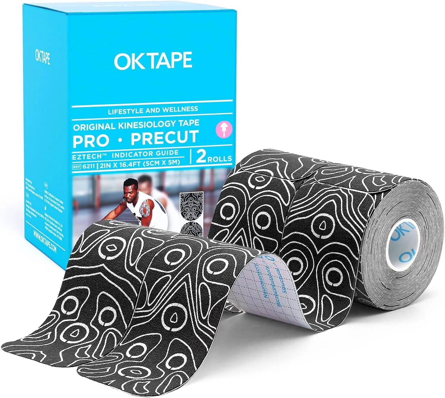 OK TAPE PRO Original Kinesiology Tape Pre-Cut Strips, Latex Free Elastic Athletic Tape Roll, 2in×16ft 2Rolls,Black White