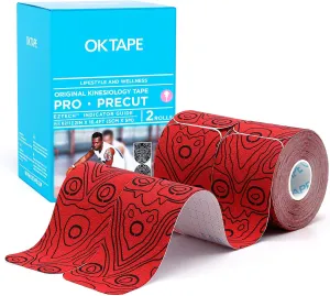 OK TAPE PRO Original Kinesiology Tape Pre-Cut Strips, Latex Free Elastic Athletic Tape Roll, 2in×16ft 2Rolls,Red Black