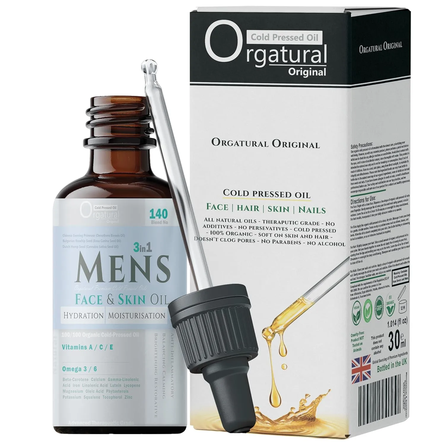 Orgatural (3in1) Men's Face & Skin Oil '140 - Evening Primrose, Rosehip, Hemp Seed Oil | Non Greasy - 100% Organic, Vegan, Natural, Cold Pressed   30ml Pipette