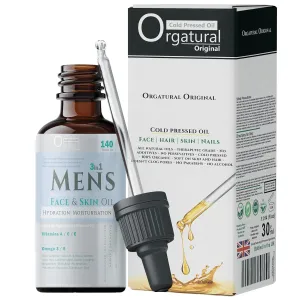 Orgatural (3in1) Men's Face & Skin Oil '140 - Evening Primrose, Rosehip, Hemp Seed Oil | Non Greasy - 100% Organic, Vegan, Natural, Cold Pressed   30ml Pipette