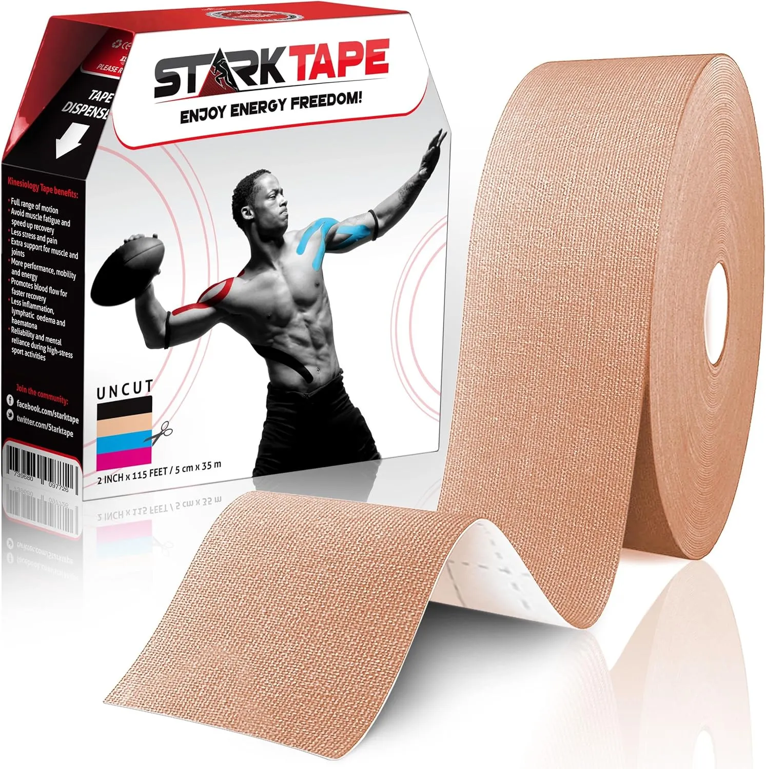 Original Kinesiology Athletic Tape. Professional Sports Tape for Ankle Wrist Knee Shoulder Muscles Joints. Latex Free, Waterproof, Stretchy, and Gentle on Skin. Up to 115 ft/Roll