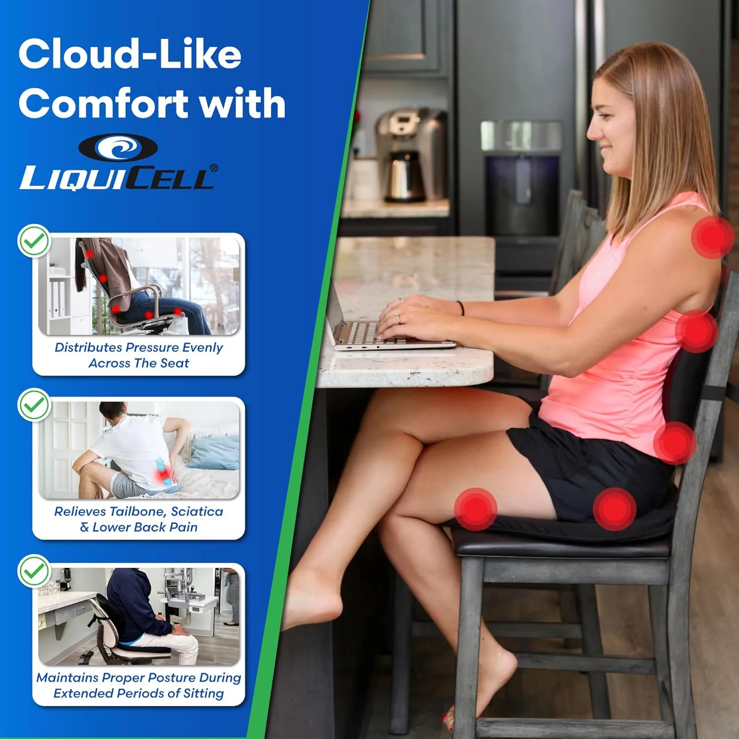 Original Seat Cushion - Liquicell Membrane Technology for Pressure Relief, Tailbone Pain, Sciatica, Hip & Lower Back Pain - Long Sitting on Car Seat, Office/Home Chair (18" W x 17" x 3")