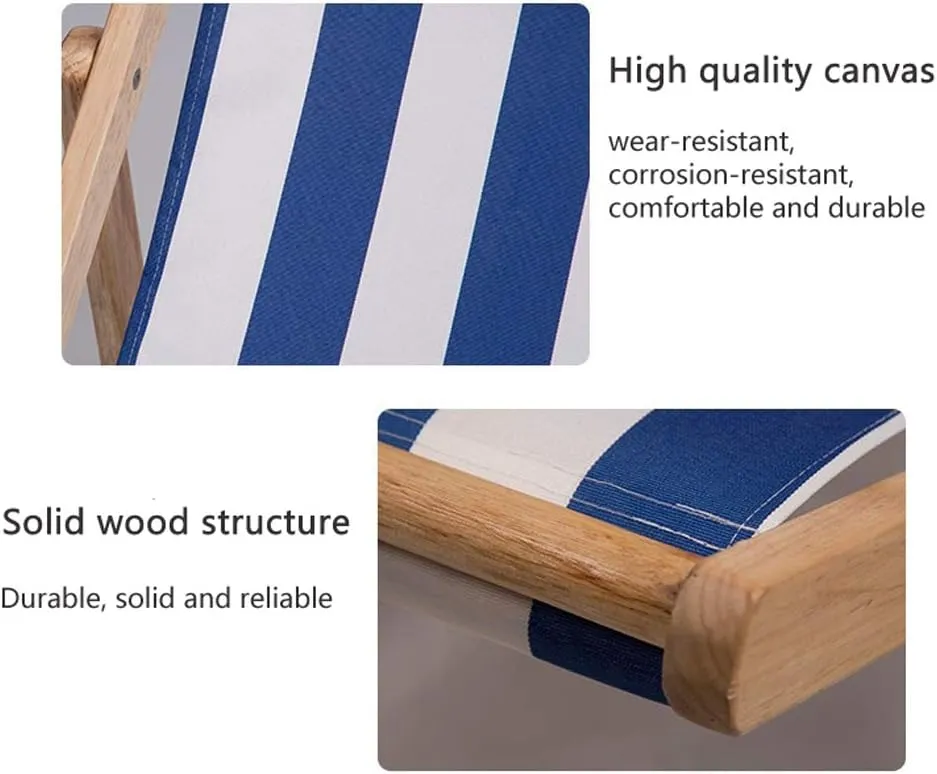 Outdoor Beach Chair Folding Four-Speed Adjustable Solid Wood Oxford Canvas Chair Recliner Chair Portable Lunch Break Wooden Lounge Chair (with Pillow)