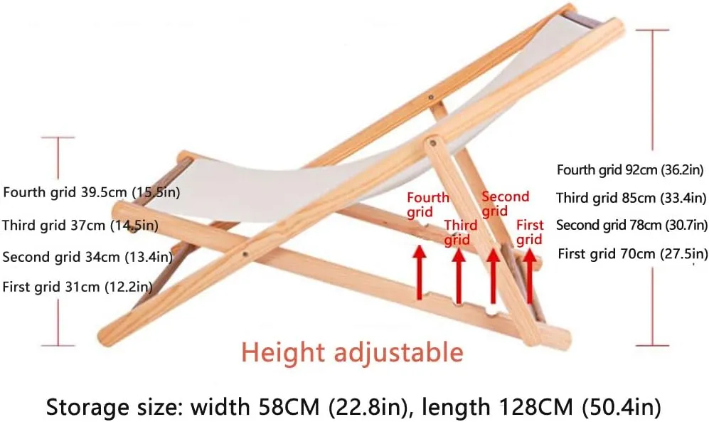 Outdoor Beach Chair Folding Four-Speed Adjustable Solid Wood Oxford Canvas Chair Recliner Chair Portable Lunch Break Wooden Lounge Chair (with Pillow)