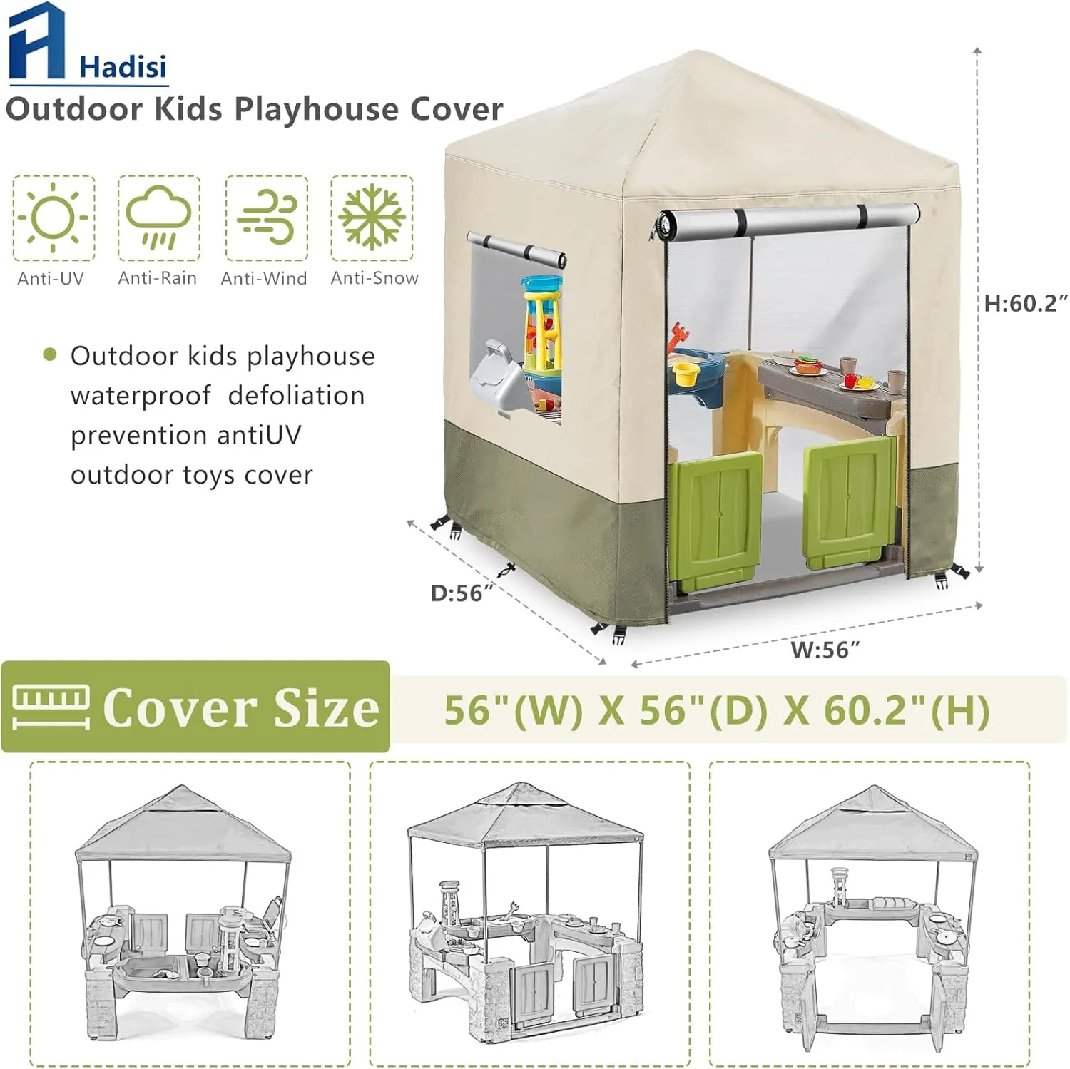 Outdoor Kids Playhouse Cover,Waterproof Cover Suitable for Multiple Brands With The Same Size Playhouse (Grey-56" W x 56" D x 60.2" H)