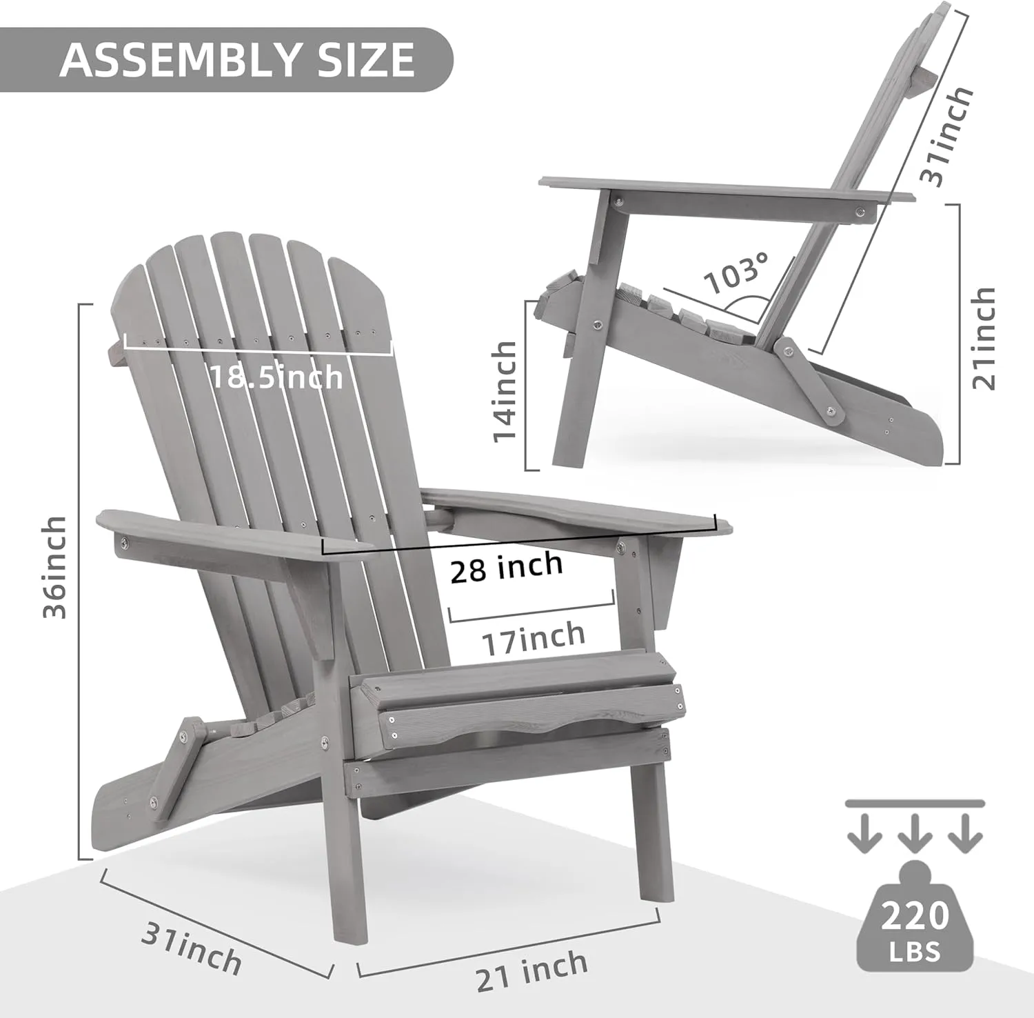 Outdoor Wooden Folding Adirondack Chair Set of 2 with Pre-Assembled BackRest, Wood Patio Chair for Garden Backyard Porch Pool Deck Firepit
