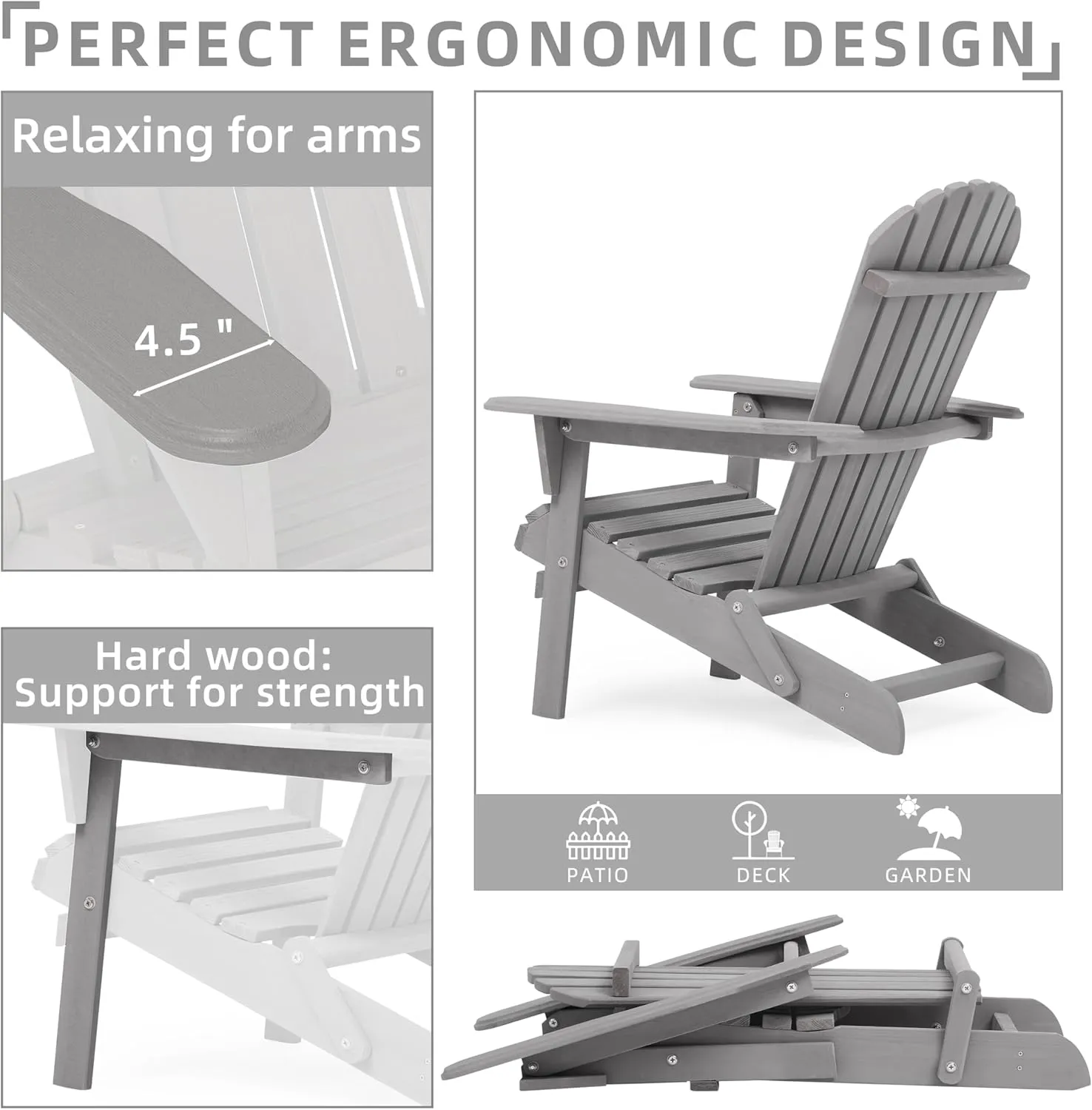 Outdoor Wooden Folding Adirondack Chair Set of 2 with Pre-Assembled BackRest, Wood Patio Chair for Garden Backyard Porch Pool Deck Firepit