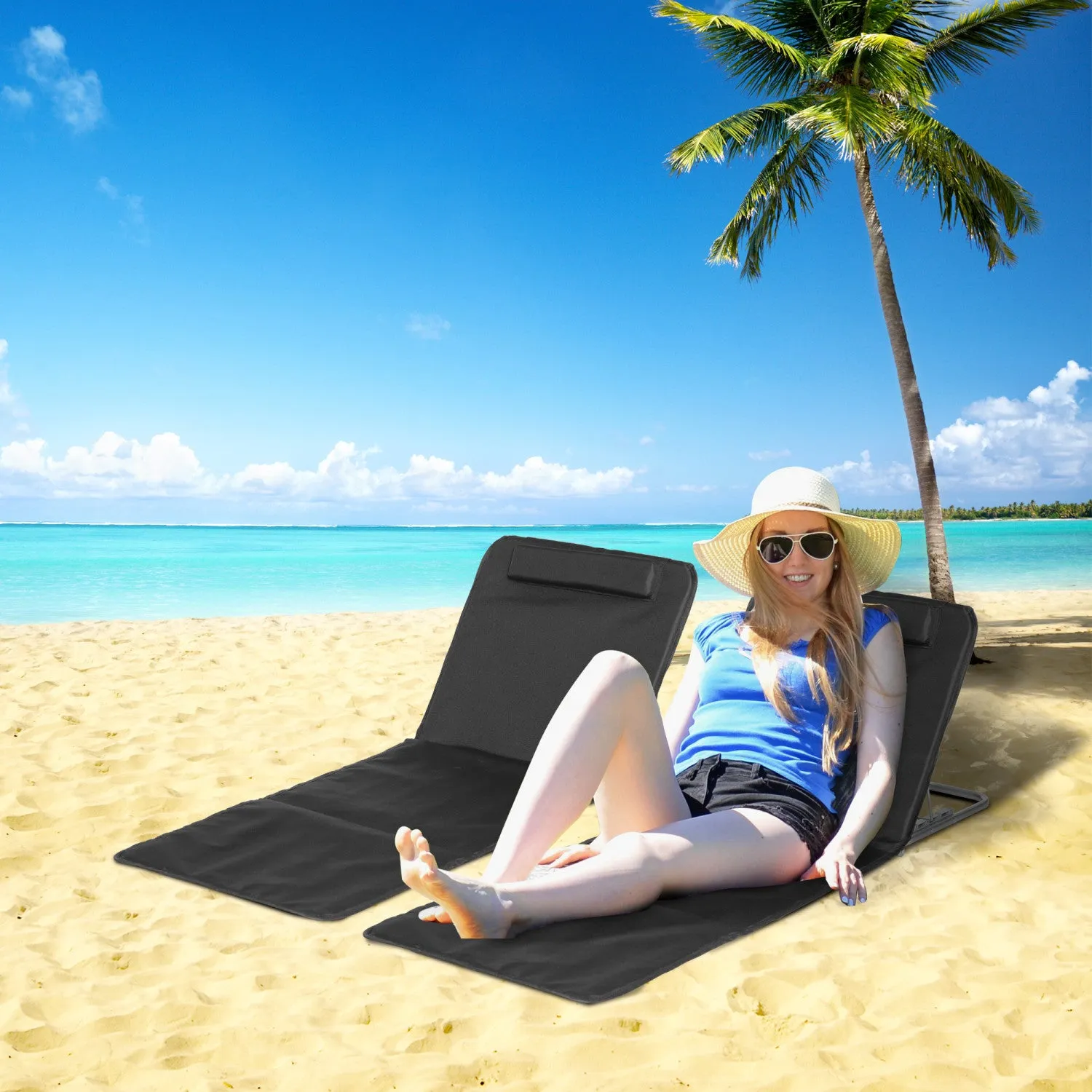 Outsunny 2 Pcs Folding Beach Lounge Chair W/ Pillow, Black