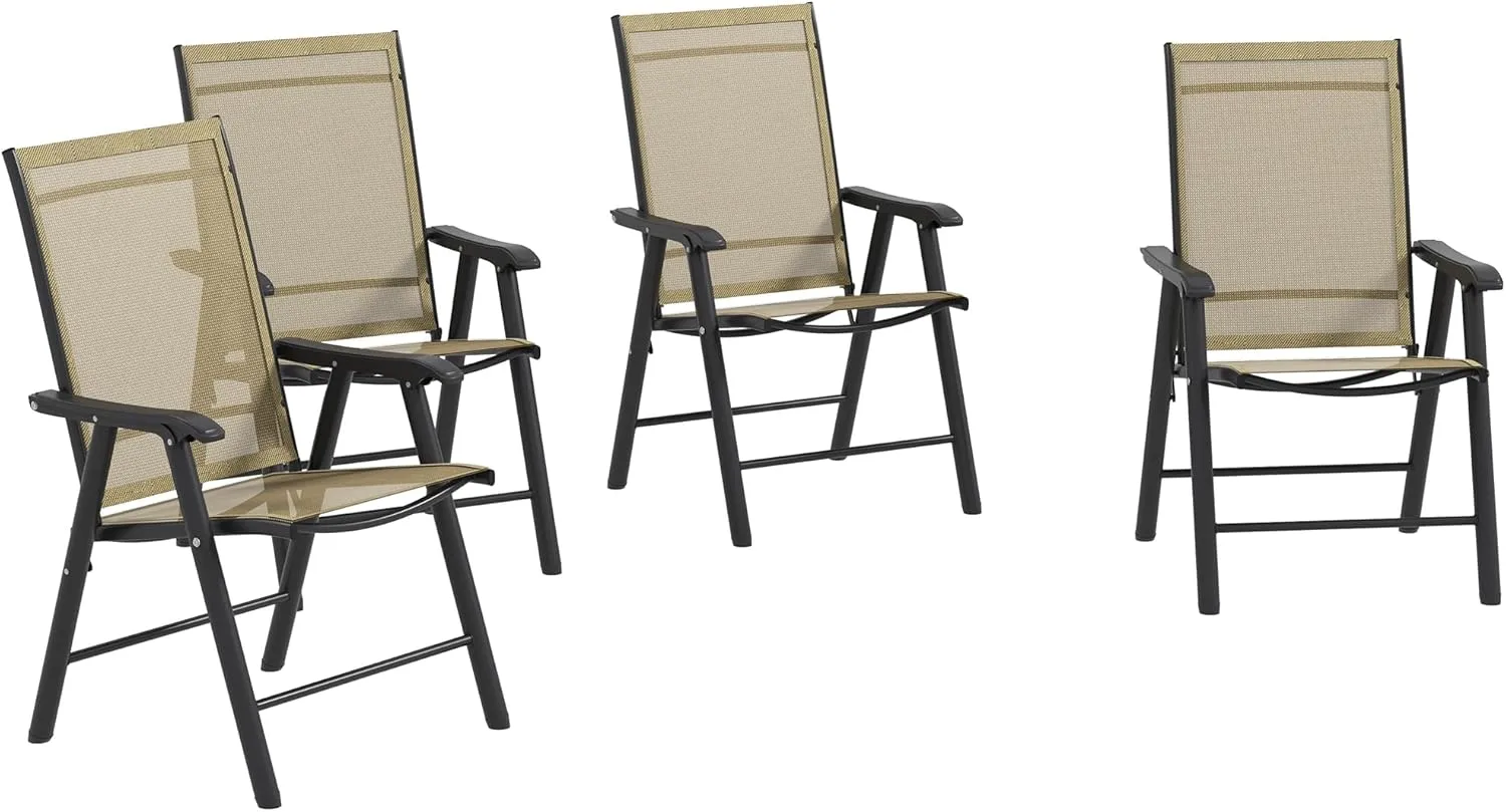Outsunny Set of 4 Patio Folding Chairs, Stackable Outdoor Sling Patio Dining Chairs with Armrests for Lawn, Camping, Dining, Beach, Metal Frame, No Assembly, Light Mixed Brown