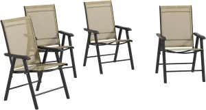 Outsunny Set of 4 Patio Folding Chairs, Stackable Outdoor Sling Patio Dining Chairs with Armrests for Lawn, Camping, Dining, Beach, Metal Frame, No Assembly, Light Mixed Brown