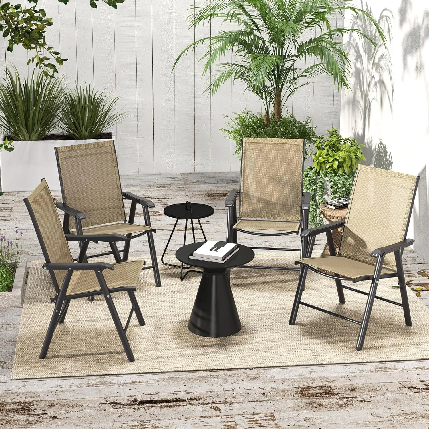 Outsunny Set of 4 Patio Folding Chairs, Stackable Outdoor Sling Patio Dining Chairs with Armrests for Lawn, Camping, Dining, Beach, Metal Frame, No Assembly, Light Mixed Brown