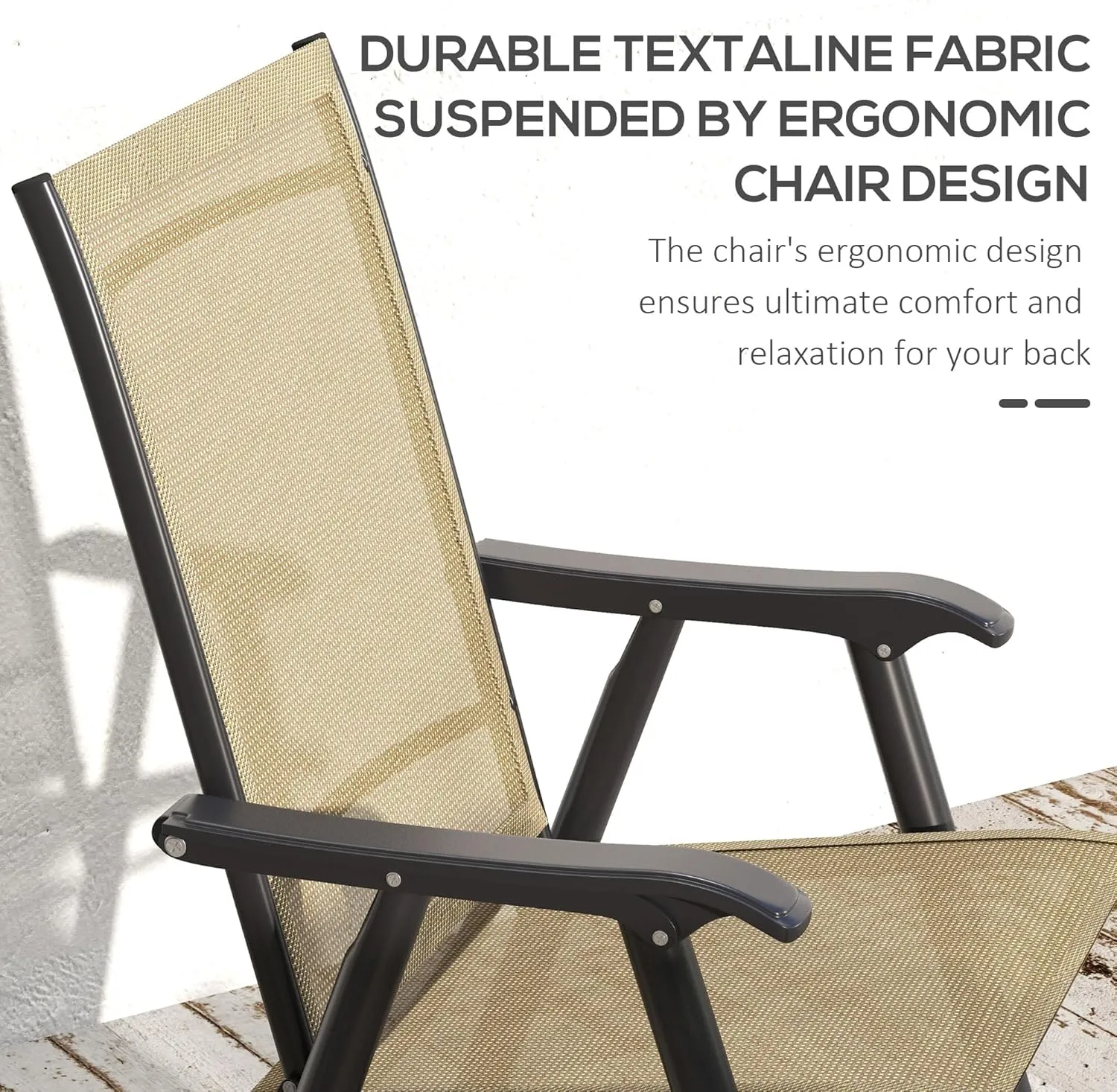 Outsunny Set of 4 Patio Folding Chairs, Stackable Outdoor Sling Patio Dining Chairs with Armrests for Lawn, Camping, Dining, Beach, Metal Frame, No Assembly, Light Mixed Brown