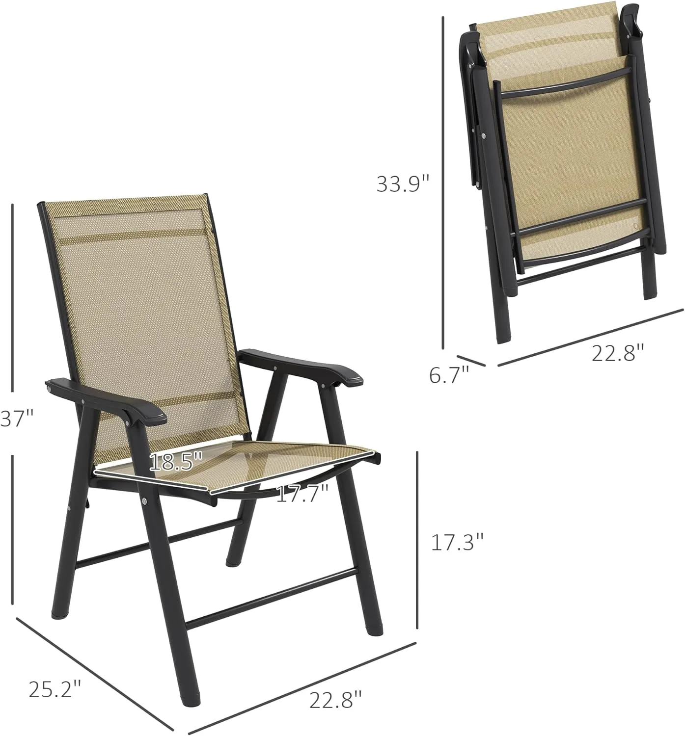 Outsunny Set of 4 Patio Folding Chairs, Stackable Outdoor Sling Patio Dining Chairs with Armrests for Lawn, Camping, Dining, Beach, Metal Frame, No Assembly, Light Mixed Brown