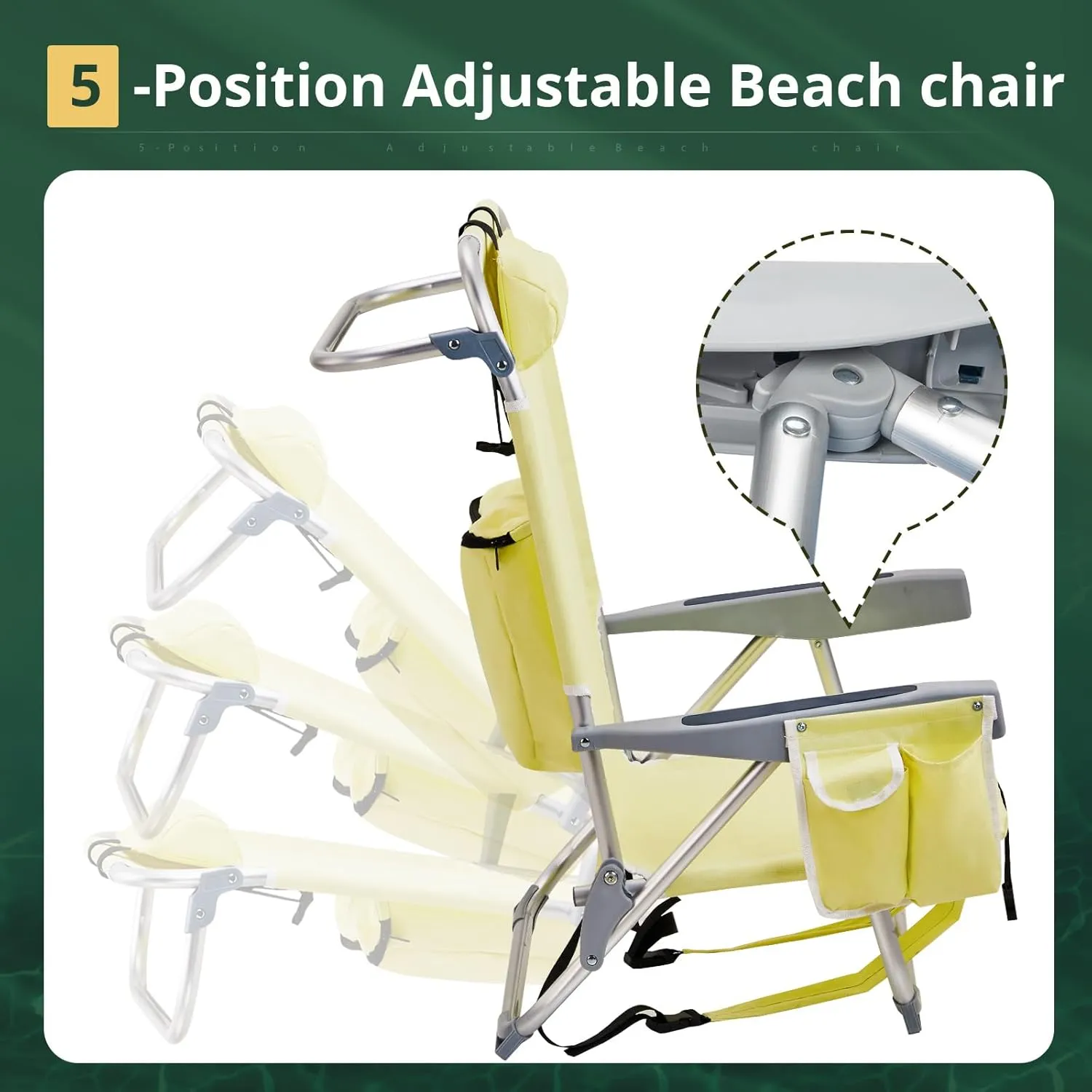 Outvita Backpack Beach Chair, 5 Level Adjustable Positions Beach Chair with Back Storage Bag, Cooler Pouch and Side Bags for Beach Poolside Lawn
