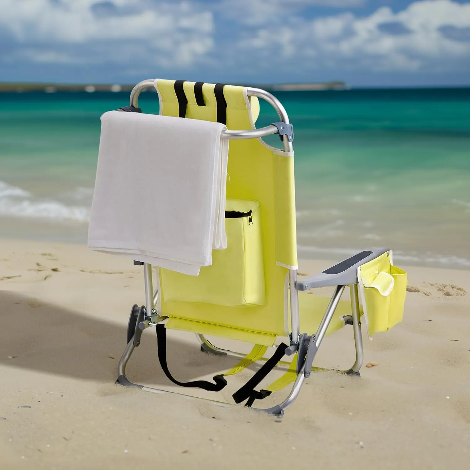 Outvita Backpack Beach Chair, 5 Level Adjustable Positions Beach Chair with Back Storage Bag, Cooler Pouch and Side Bags for Beach Poolside Lawn