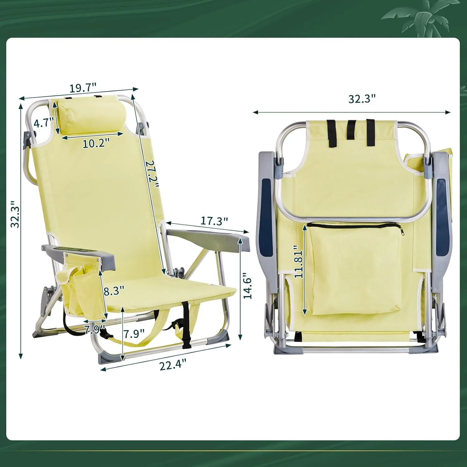 Outvita Backpack Beach Chair, 5 Level Adjustable Positions Beach Chair with Back Storage Bag, Cooler Pouch and Side Bags for Beach Poolside Lawn