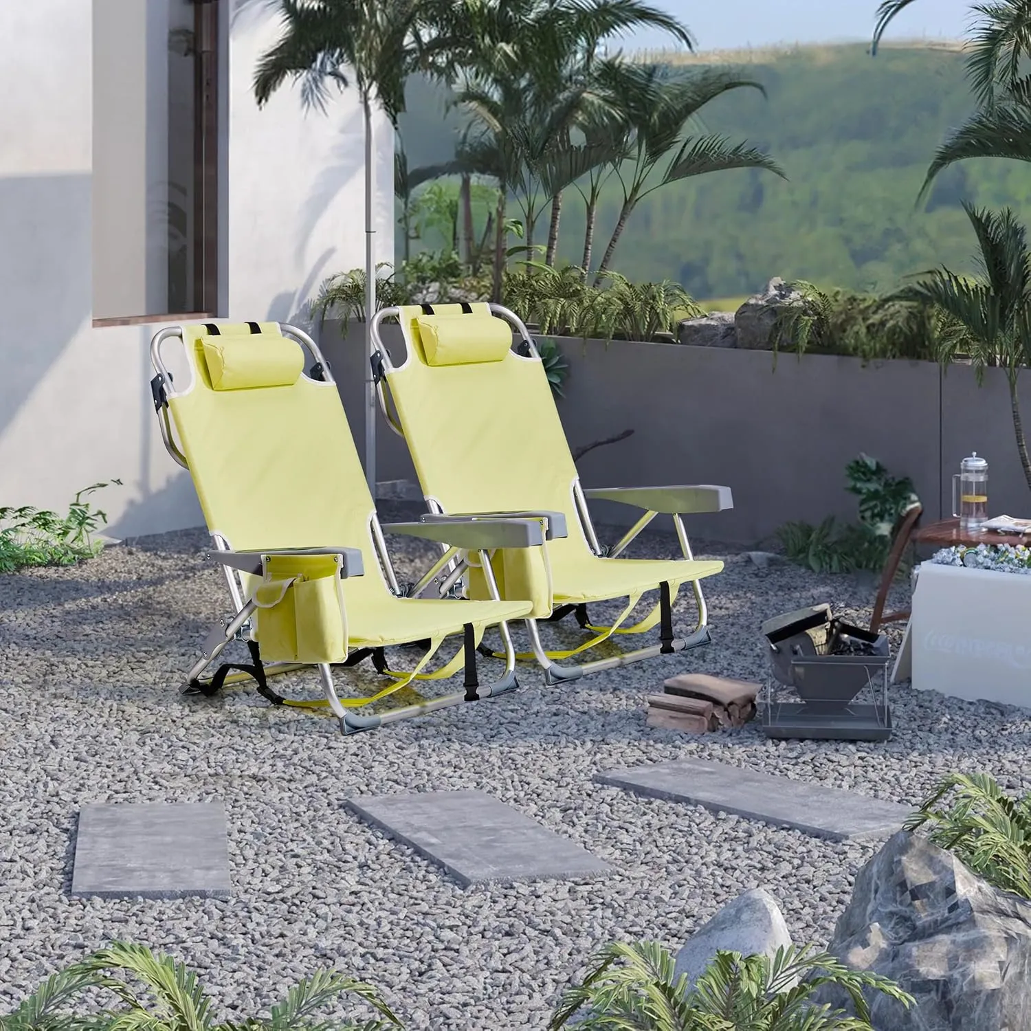 Outvita Backpack Beach Chair, 5 Level Adjustable Positions Beach Chair with Back Storage Bag, Cooler Pouch and Side Bags for Beach Poolside Lawn